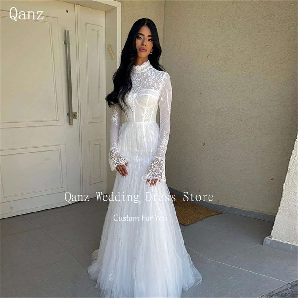 

Qanz Bohemian High Neck Vestidos De Novia Long Sleeves Appliaues Lace Mermaid Wedding Dress Floor Length Pleat Robes De Mariée