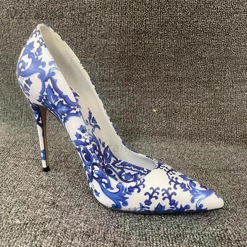 

Blue and White Porcelain Print High Heels Pointed Toe Leather Stiletto Women's Pumps Temperament 10Cm Single Shoes Female