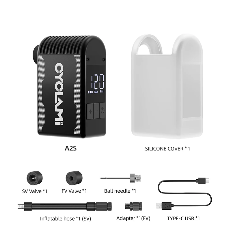 CYCLAMI A2S 120 PSI Mini-Elektropumpe Tragbares Fahrrad Akku-Luftpumpe Presta Schrader-Ventil FV AV Radfahren MTB Rennrad