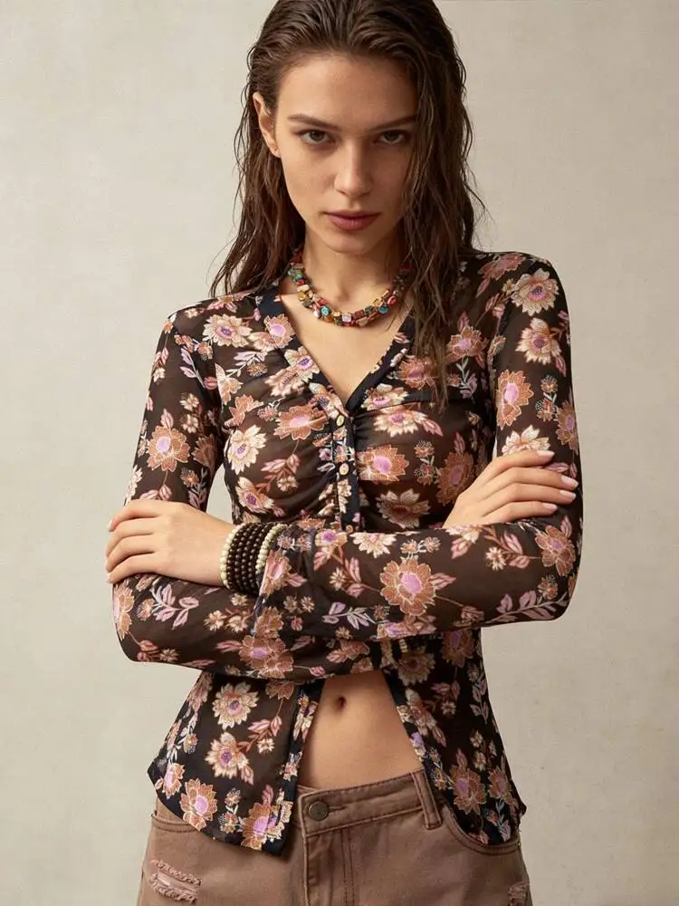 Hot Deals 2026 Korean Elegant V Neck Ruched Button Shirts Women's Y2k Floral Print Long Sleeve Blouse Vintage Slim Fit Top