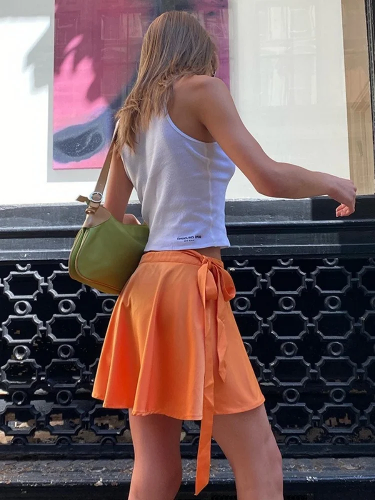 Orange Color Y2k Skirts For Women Summer Clothes Asymmetrical Casual Streetwear Bandage Waist Falda Sexy Mujer Short Jupe Femme