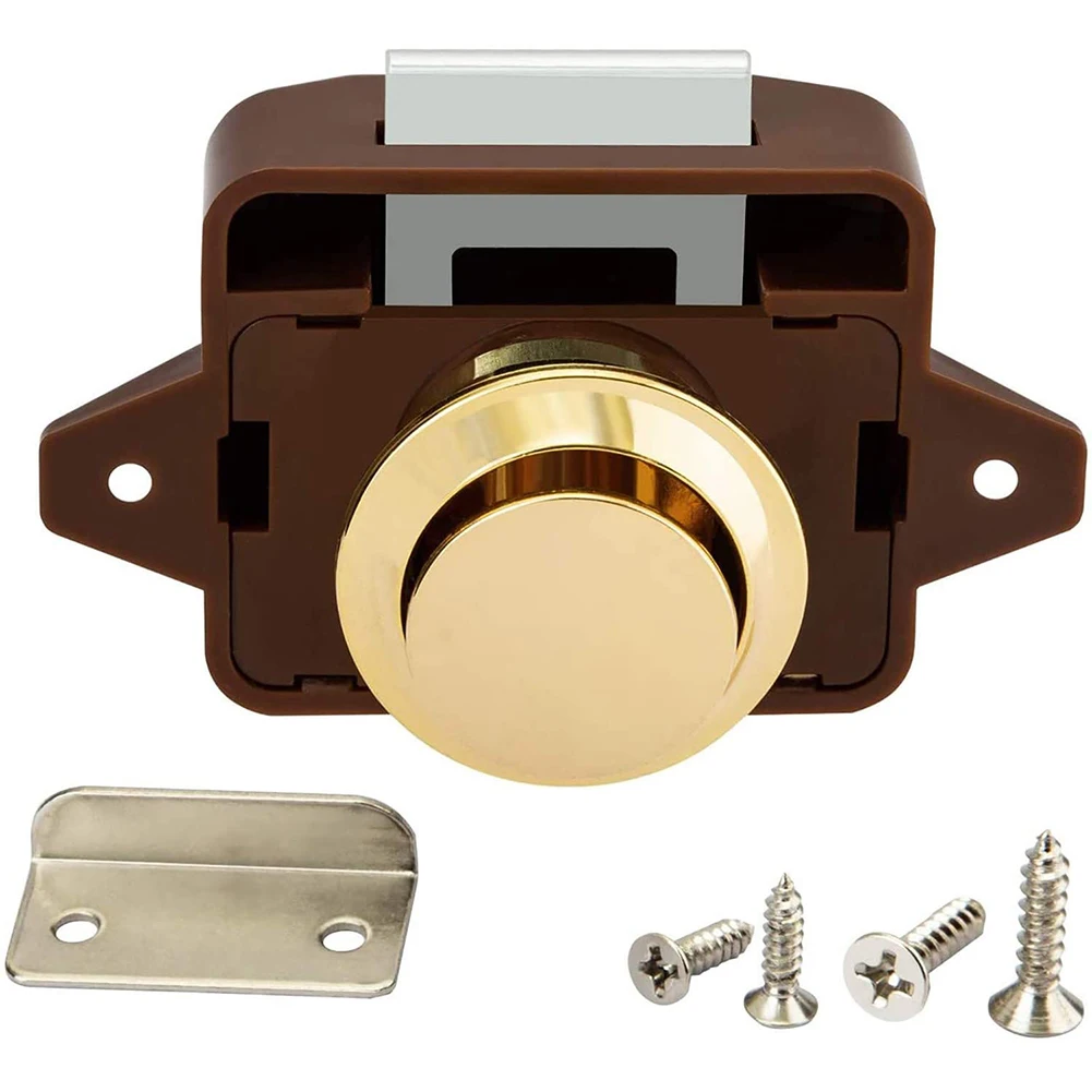 Push Button Catch Lock for RV Camper Boat Cabinet Door - Zinc Alloy Gold Handle with Locking Function Fits 15mm-18mm Doors