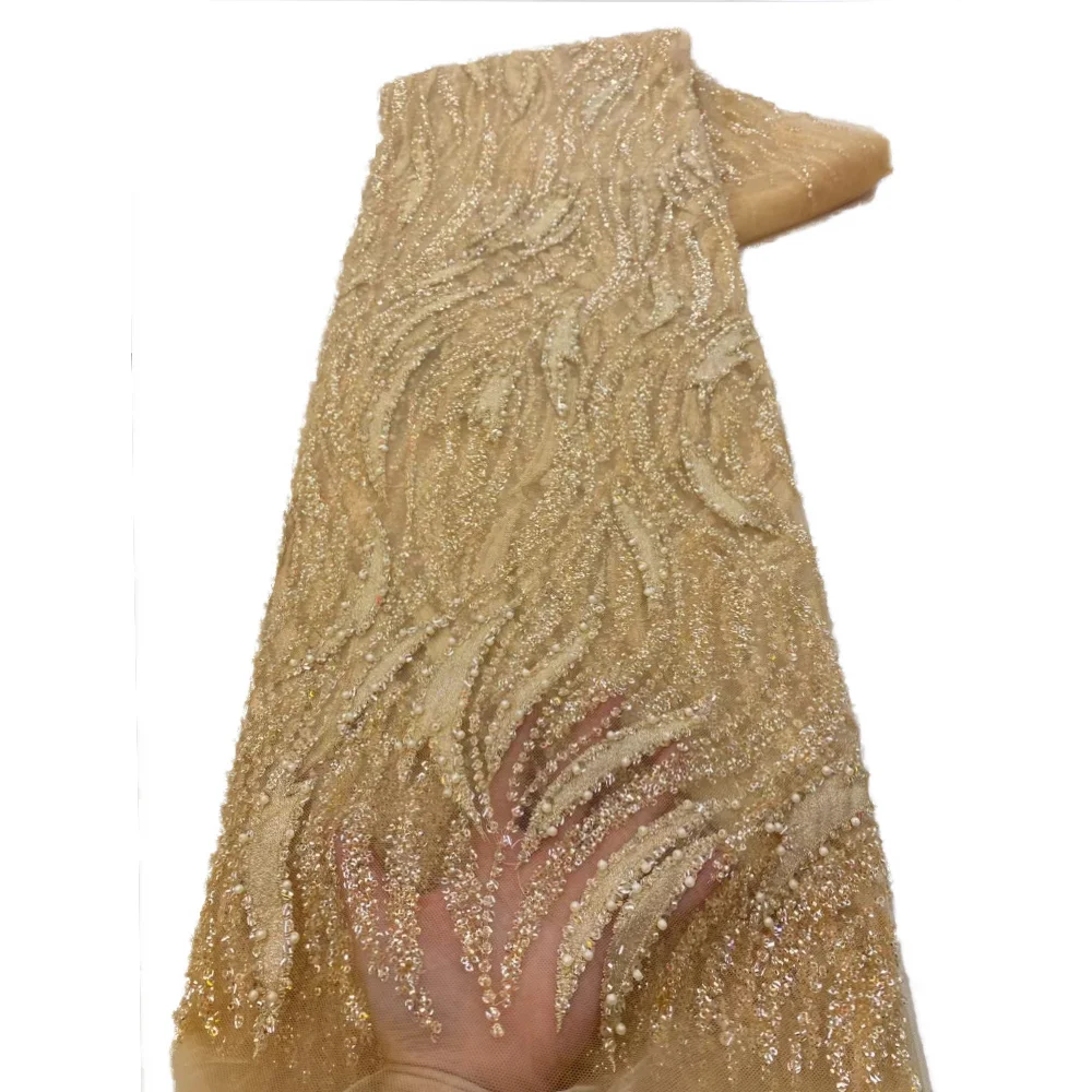 

Gold African beads Lace Fabric 2025 High Quality French Nigerian Groom Lace Fabrics Beads For Sewing Dress Wedding Party