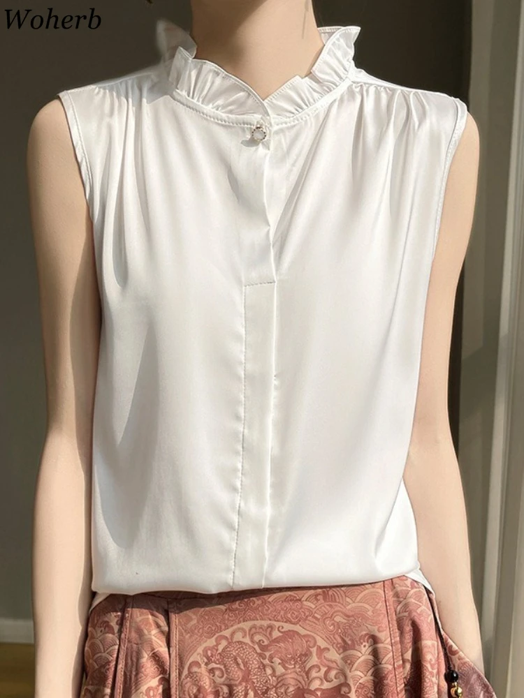

Summer Ruffled Collar Shirts Women Sleeveless One Button Blouses Solid Color Vintage Temperament Tops 2025 Blusas Mujer De Moda