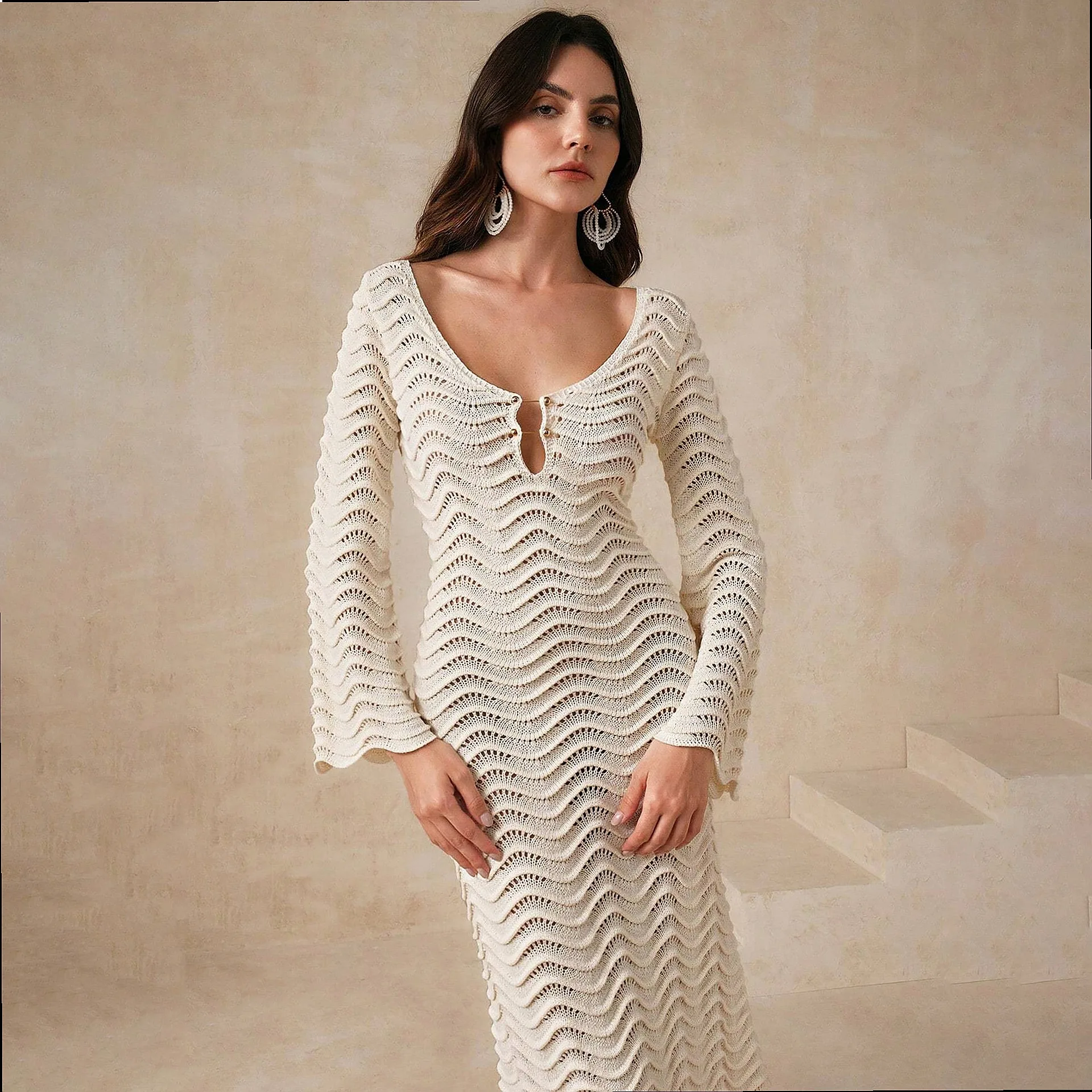 Sexy Hollow Out Knit Beach Dress Bikini Cover Up Sun Protection Tops