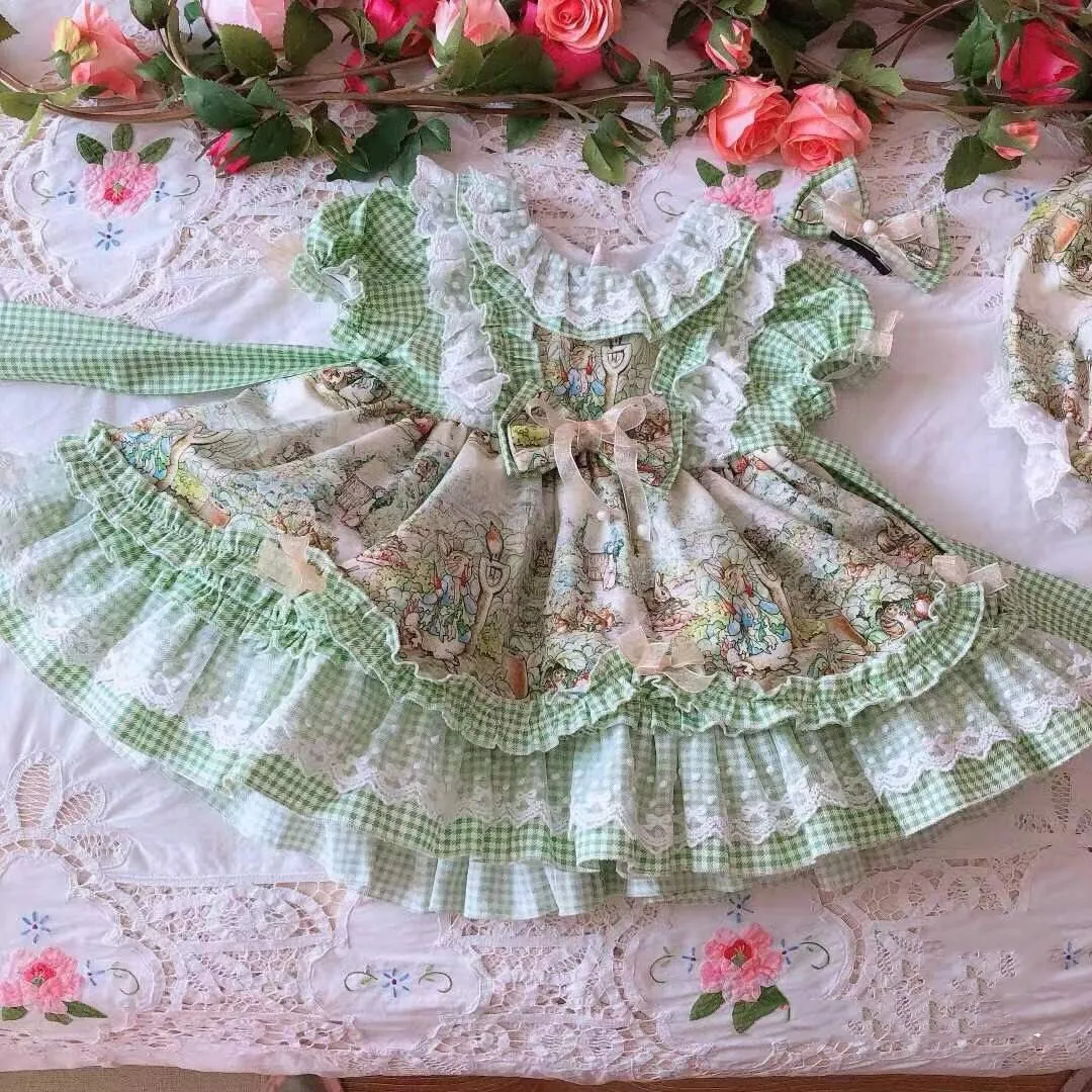 3PCS 0-12Y Baby Girl Summer Spring Rabbit Spanish Vintage Lolita Princess Dress with Pants Hairbow for Easter Birthday Holiday