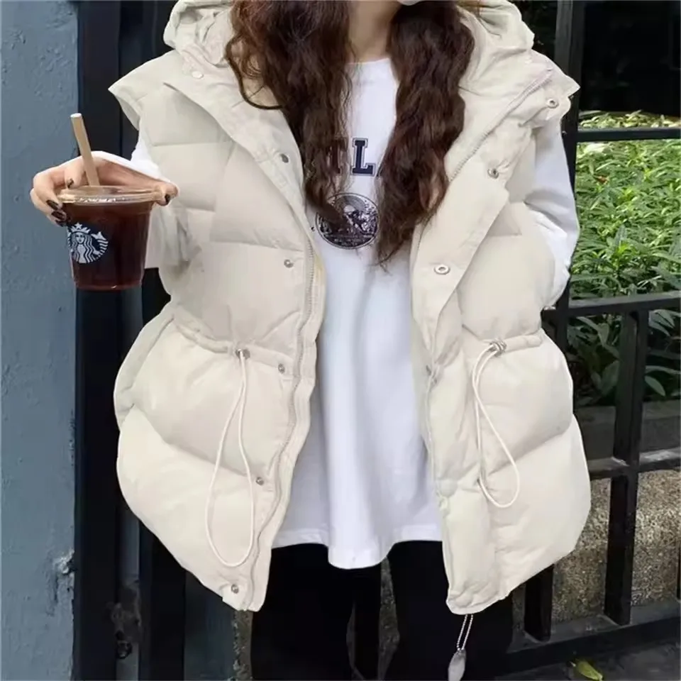 2025 Fashion Adjustable Waistcoats Solid  Cotton Vest Jacket  Women New Autumn Winter Hooded Waistcoat Warm Thicken Cotton Sleev