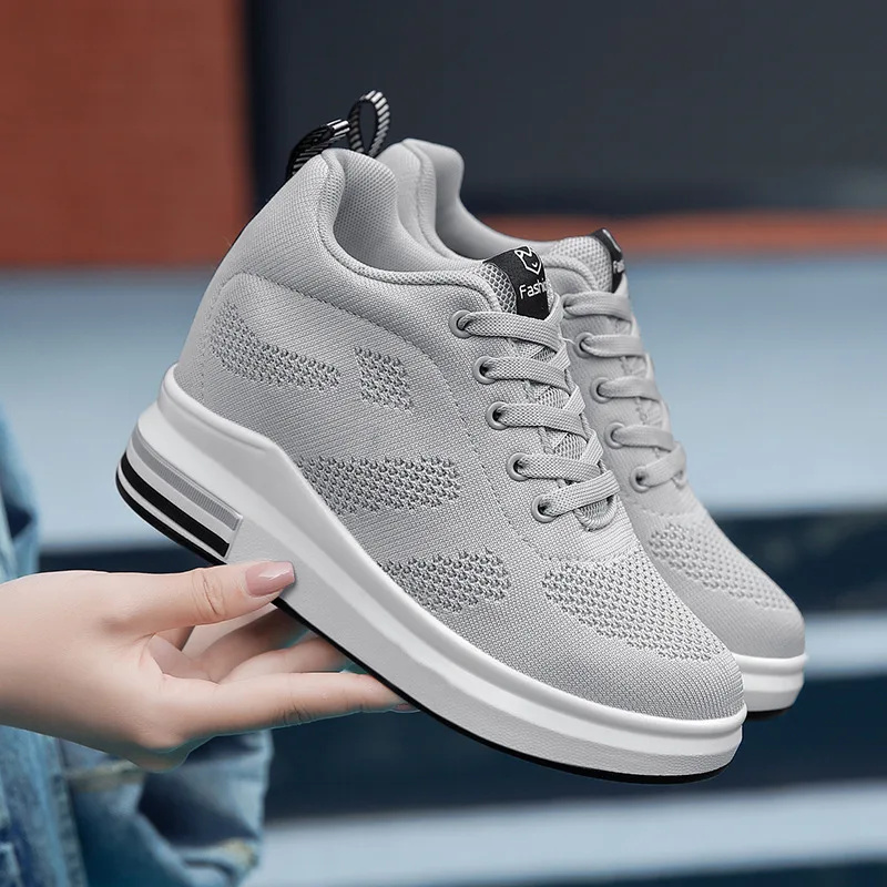 Casual Increase Women Shoes Mesh Comfortable Breathable Wedge Heels Fashion Contracted Lace Up Running Sneakers Tênis Branco