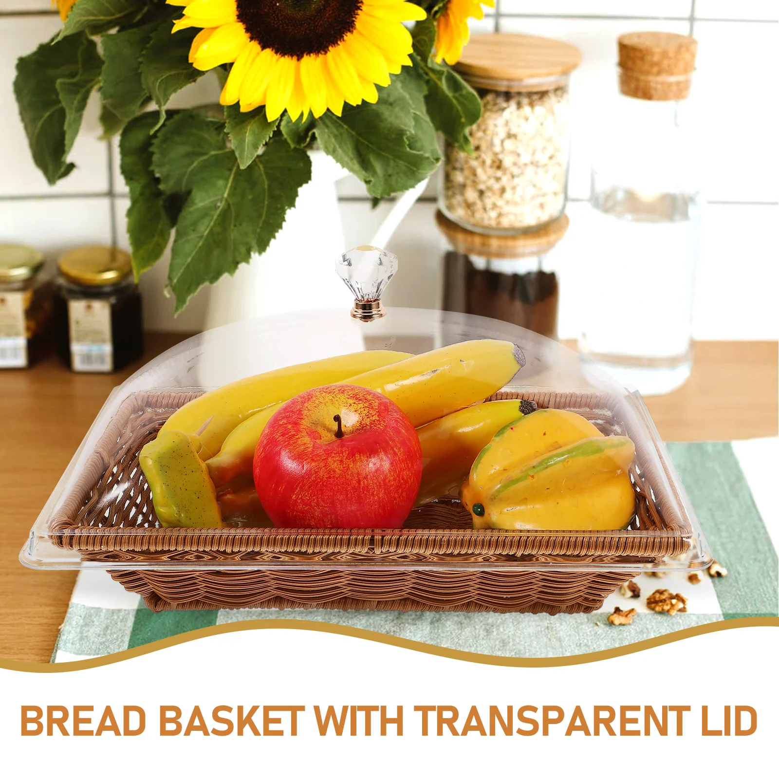 

Food Fresh-keeping Basket Woven Bread Baskets Teak Color Transparent Lid Acrylic Square Kitchen Fruit Storage Serving Tray