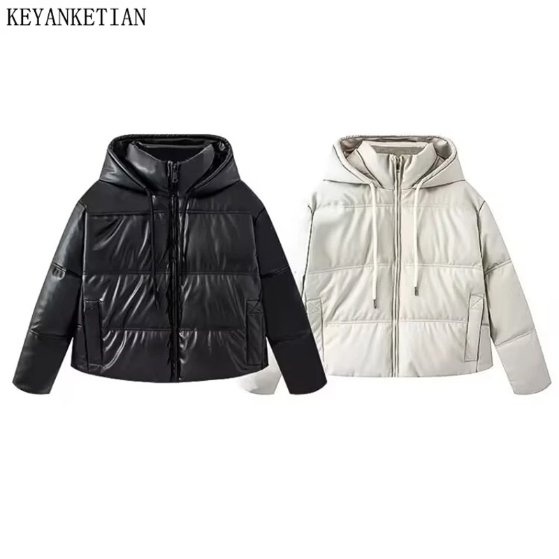 

KEYANKETIAN Winter New Women's Hooded Drawstring Side Pocket Placket Zipper Imitation Leather Cotton Jacket Women Short Coat