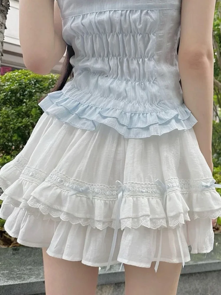 Zoki Bogen Süße Frauen Weiß Rock Nette Lässige Elegante Hohe Taille Mini Röcke Vintage Adrette Kawaii Weibliche Ballkleid Rock