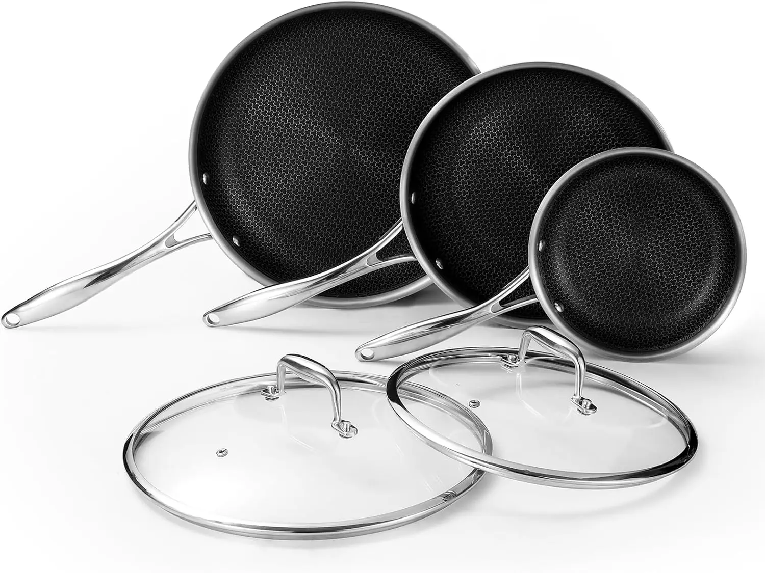 Hybrid Nonstick Fry Pan Set 5-Piece, 8, 10 and 12-Inch Frying Pan Cookware Set with Glass Lids