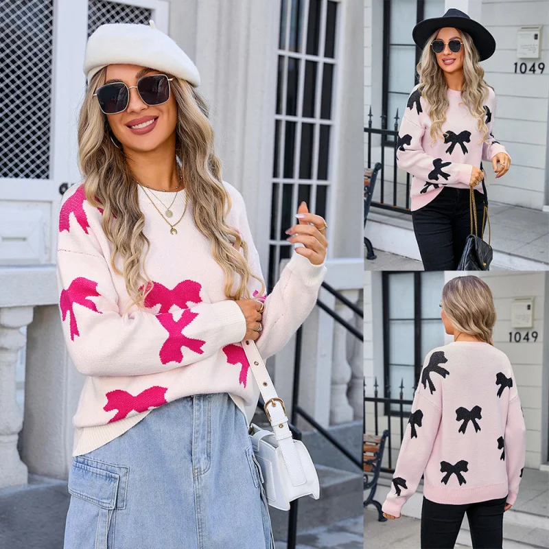 

Women's Bow Detail Knit Sweater - Long Sleeve Pullover Top with Elegant Accent, Comfortable Casual Wear