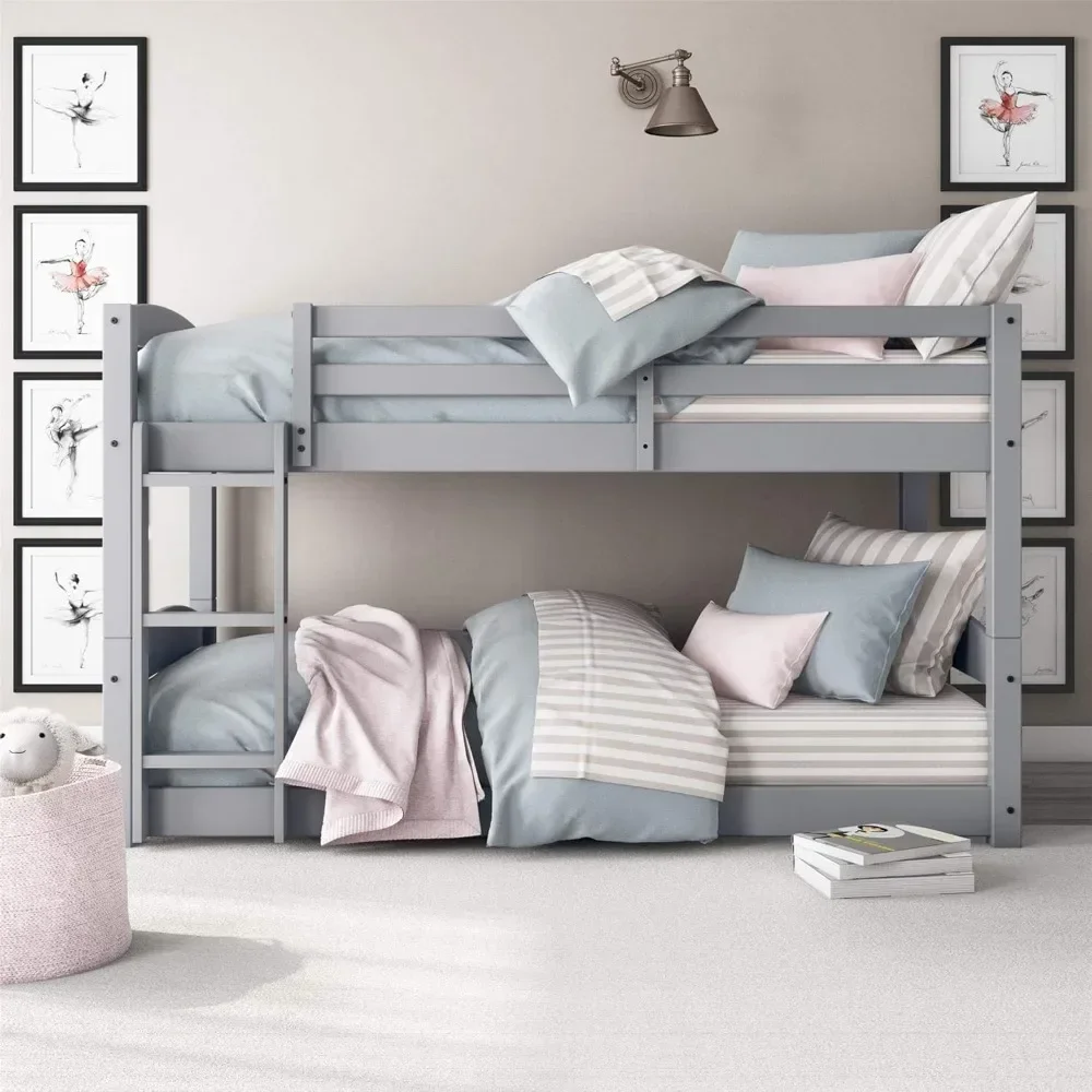 Phoenix Convertible Low Wood Floor Bunk Bed, Stackable and Detachable Bed Frames for Kids, Solid Wood, with Ladder