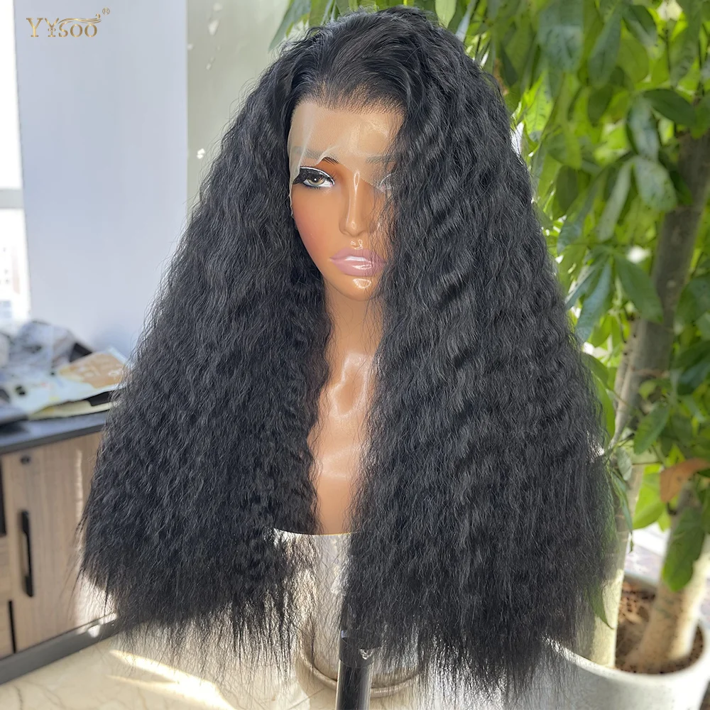 Panjang 1 # gelap hitam keriting lurus 13x4 Futura sintetis renda depan Wig untuk wanita tanpa lem setengah tangan terikat Wig 180% kepadatan tinggi