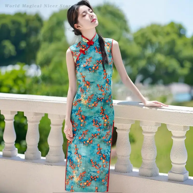 New Summer Light Blue Sleeveless Modified Chinese Qipao Slim Elegant Daily Dress for Young & Middle-Aged Women