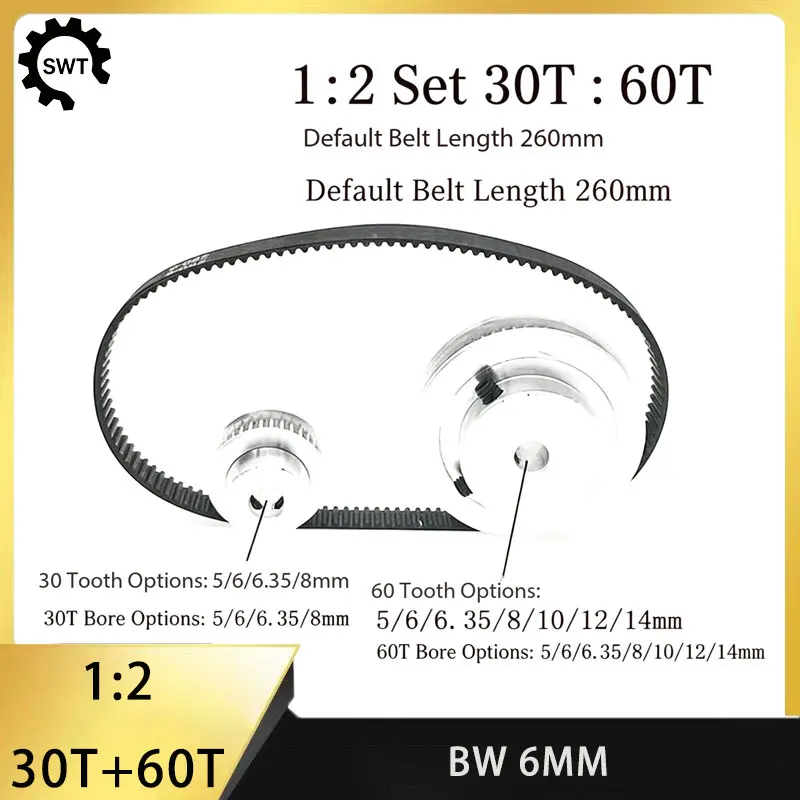 2GT synchronous belt pulley 30/60 teeth inner hole 5-14mm1:2 belt width 6mm standard tensioner precise
