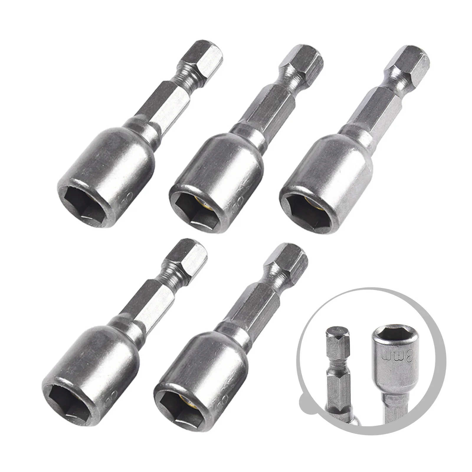 

5 Pcs 8mm Socket Adapter Magnetic Nut Driver 1/4 Hex Shank Drill Bit Length 42mm For Power Wrench Screwdriver Tools Parts