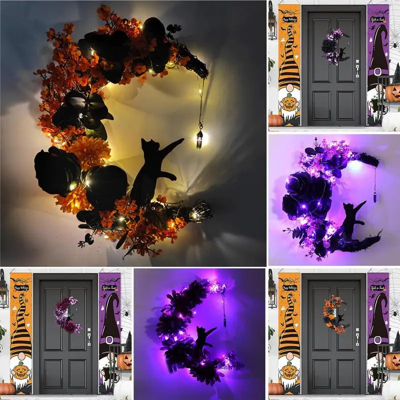 Halloween Moon Wreath Wall Mounted Floral Decoration Multipurpose Halloween Ornamental Decore For Doors Walls Garden Balcony