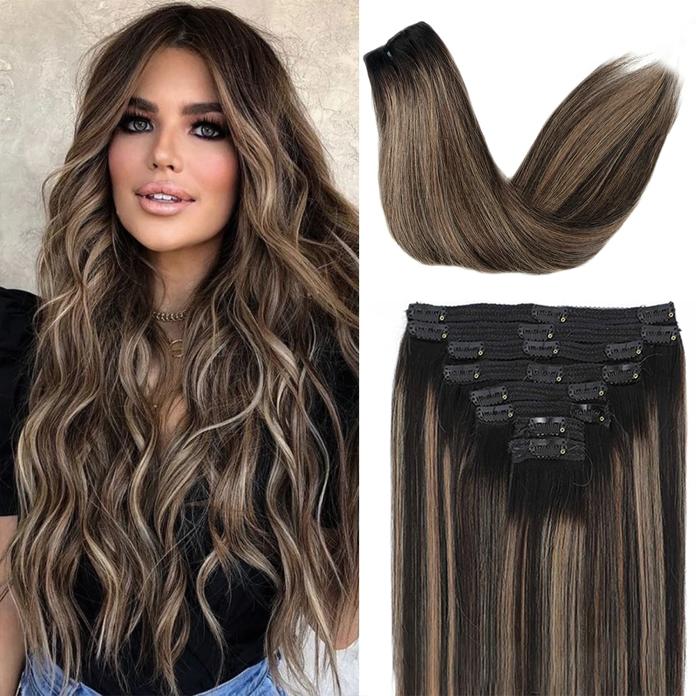 Mihugass 18 Clips In Hair Extensions Brazilian Straight 100% Real Human Hair 8 Pieces and 1b/27/1b Color 16-26 Inches for Women