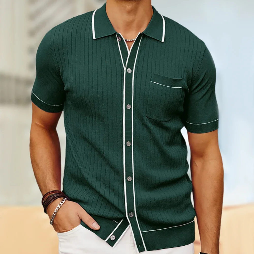 Casual Polo Shirt For Men Vintage Solid Color Single Breasted Turn-Down Neck Business Shirt 2024 Spring And Summer New Style