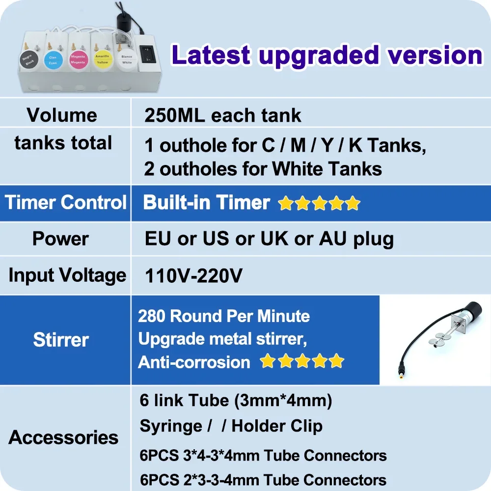 ET-8550 L18050 XP15000 250ML DTF CISS Ink System Convert DIY Kit White Ink Tank Shake with Built-in Timer For Epson L8050 18100