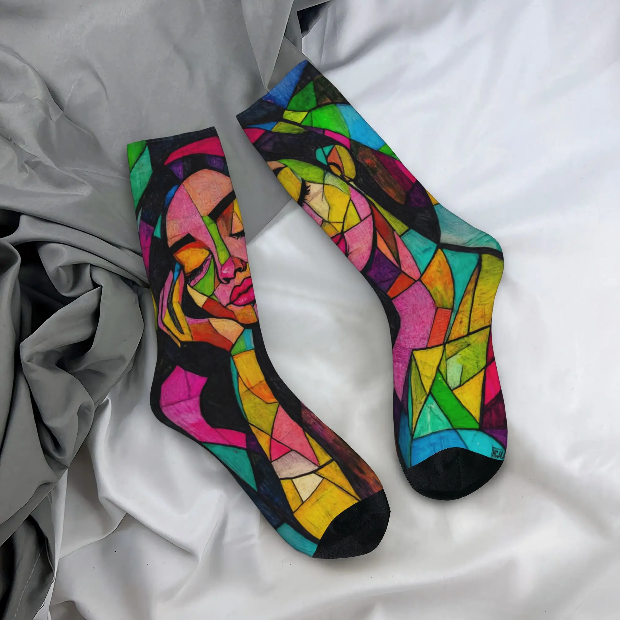 Abstract Art Face Middle Socks for Women Men Product All Seasons  Cotton Middle Tube Socks Breathable