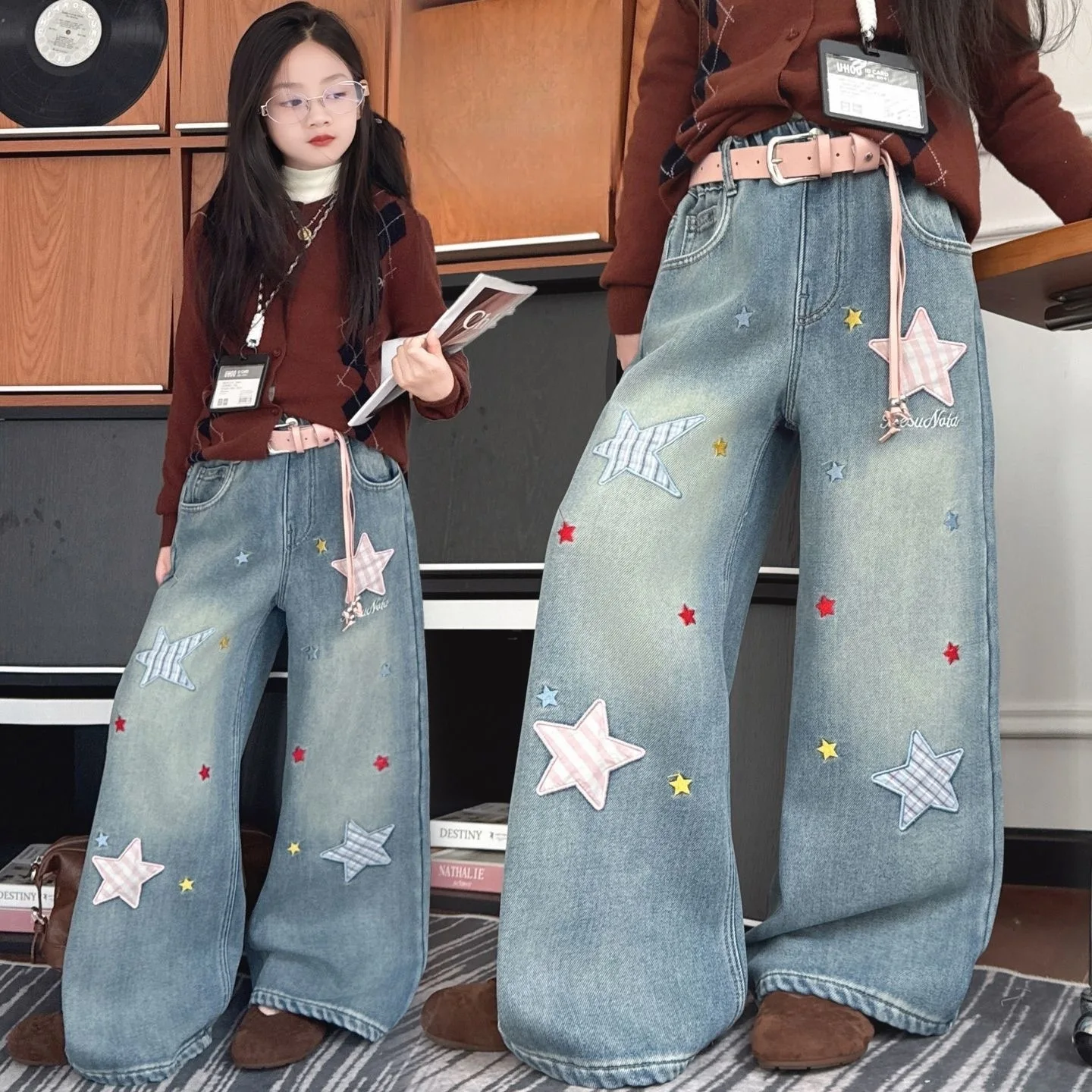 High Street Children Straight Fit Jeans with Star Embroidered for Teenage Girls Casual Denim Pants Kids Fashion Spring Trousers
