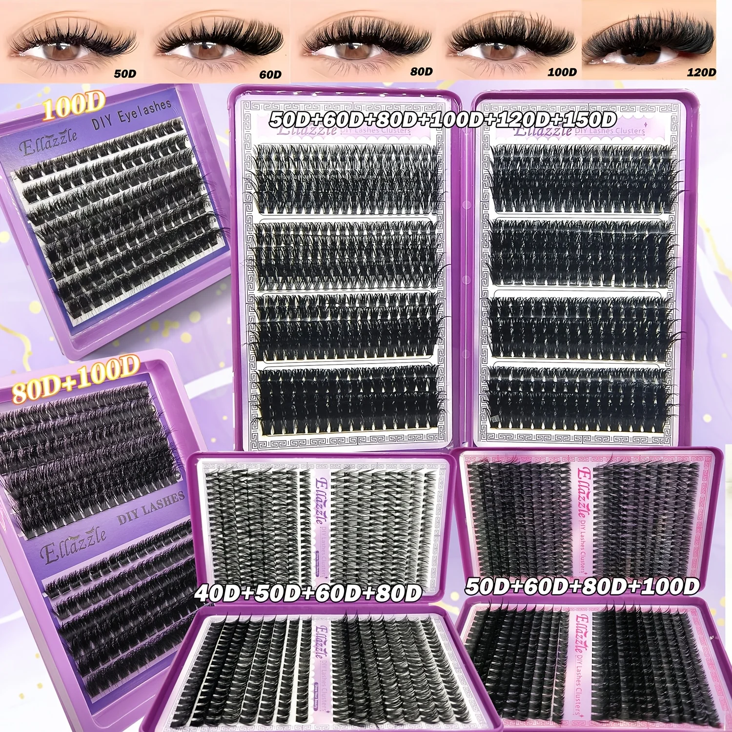 Pestañas en Racimo 40D-150D, Bandeja Mixta de Extensiones de Pestañas DIY, Pestañas Individuales Voluminosas y Esponjosas, Extensiones de Pestañas Efecto Ojo de Gato