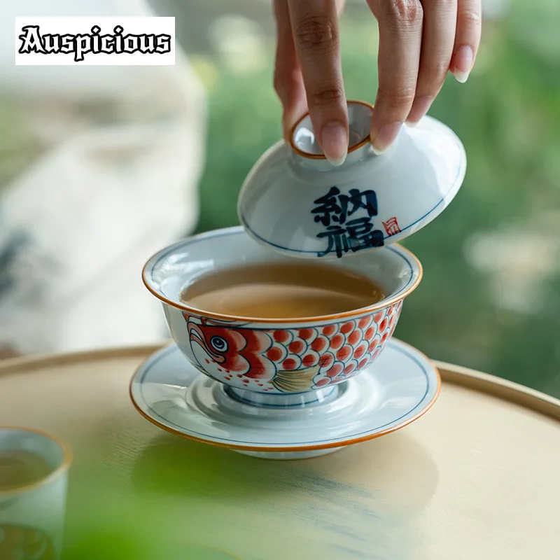 Imagem -04 - Terrina de Chá de Peixe Dragão Vermelho Pintado à Mão Cerâmica Azul e Branca Gaiwan Máquina de Chá Enfeites de Tigela Nafu 150ml