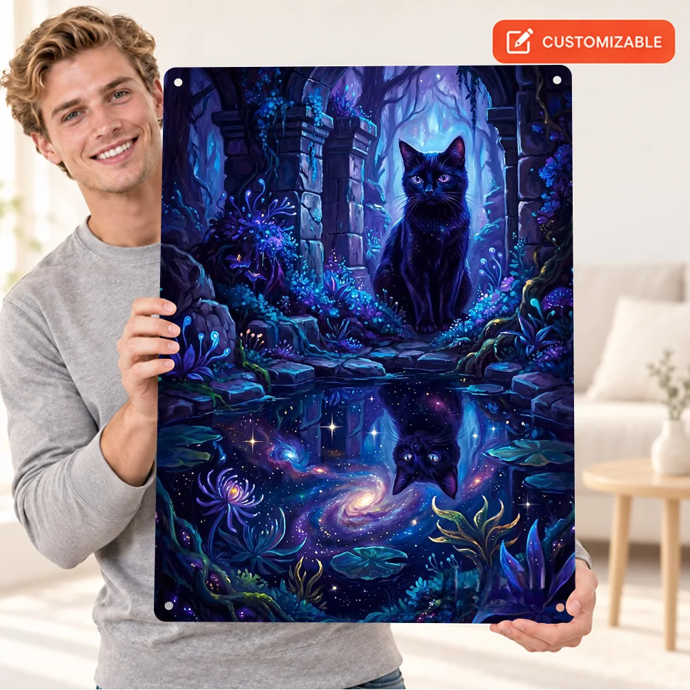 Cosmic Black Cat In Enchanted Ruins Printed Poster Customized Aluminum Metal Sign Neon Illustration Wall Art For Reading Corner