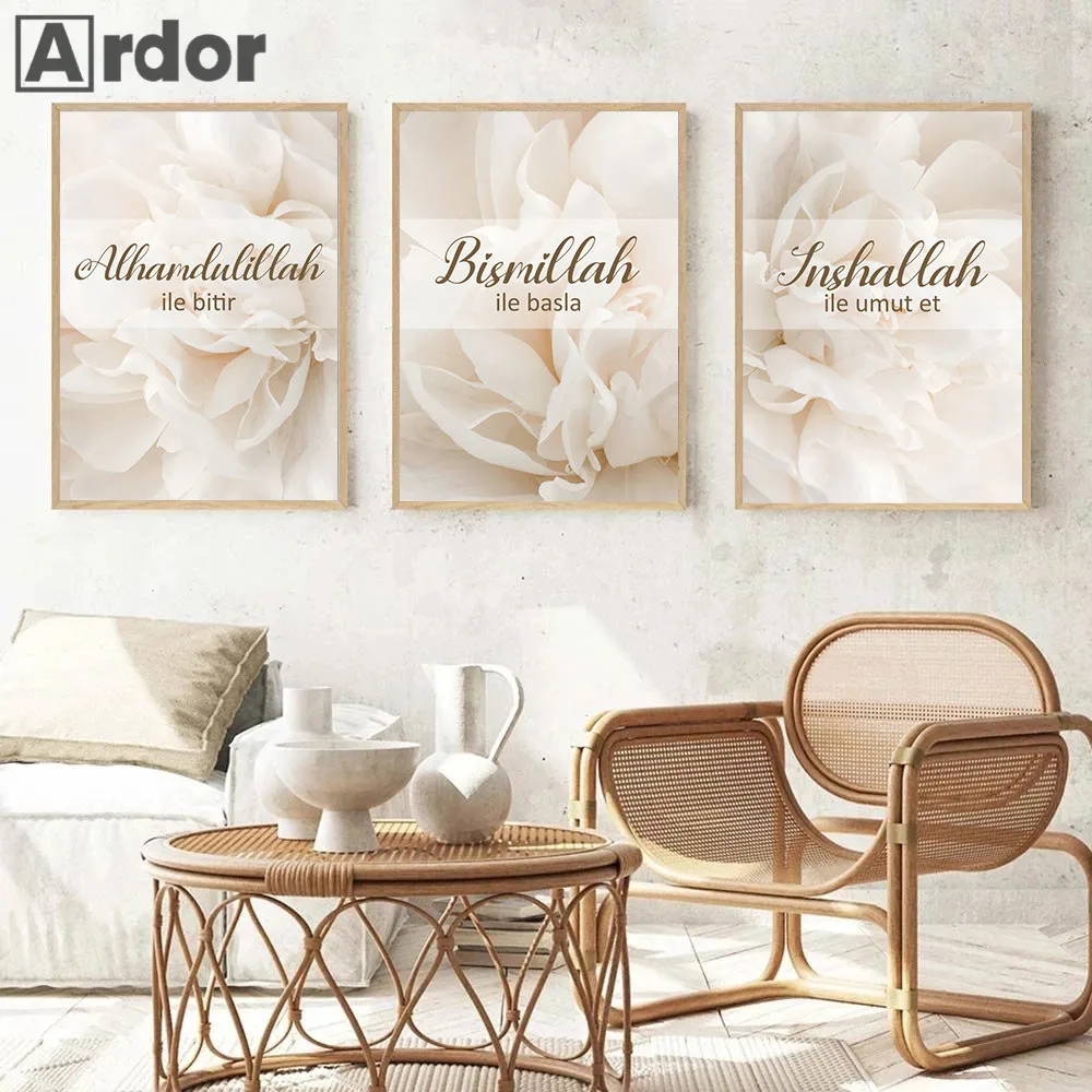 Blooming Flower Painting Poster Alhamdulillah Bismillah Canvas Print Islamic Wall Art Posters Muslim Picture Living Room Decor