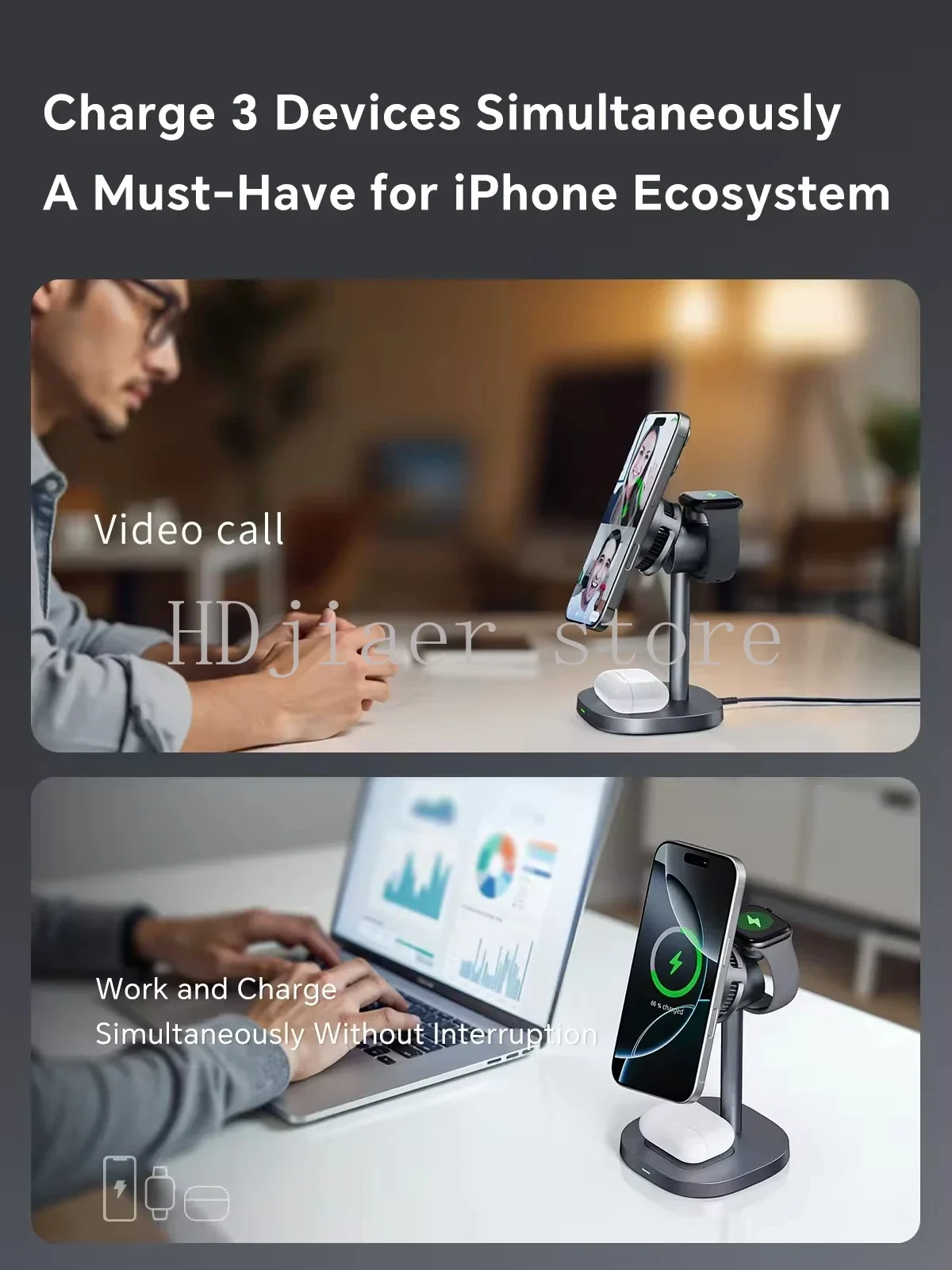 حامل شاحن لاسلكي مغناطيسي 3 في 1 بقدرة 15 وات شحن سريع لهاتف iPhone 16/15/14 Pro Max وAirPods وسلسلة ساعات Apple