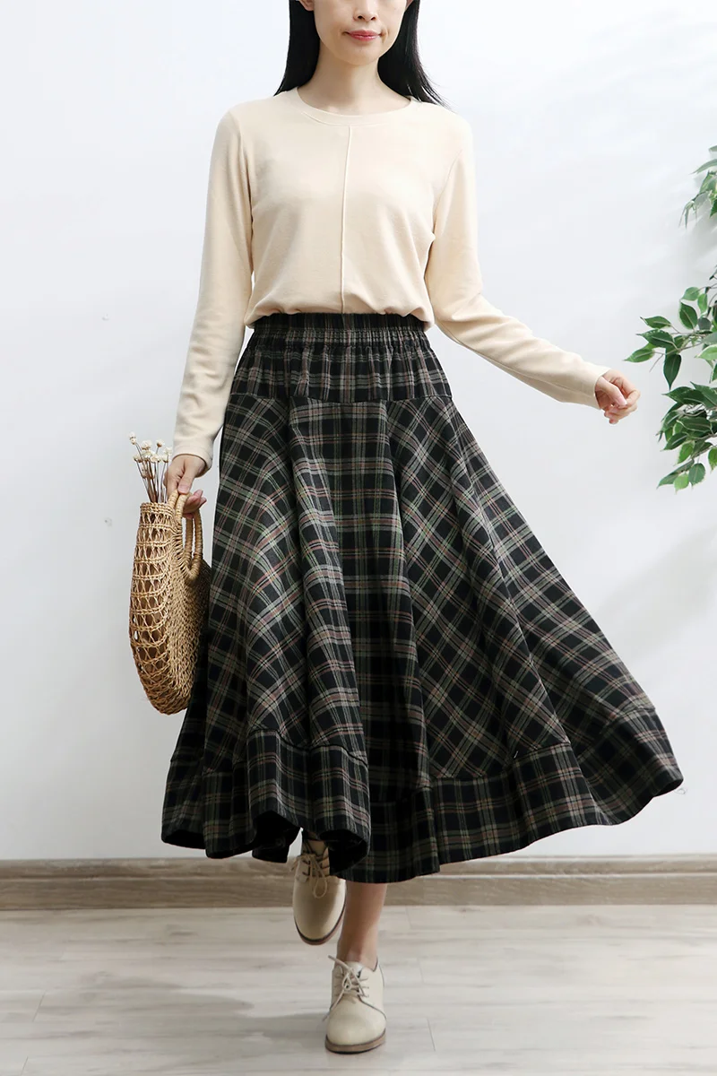 TIYIHAILEY Long Mid-Calf Plaid Winter Skirts A-line Women Elastic Waist Spring Autumn Denim Thick Vintage 2024 New Fashion