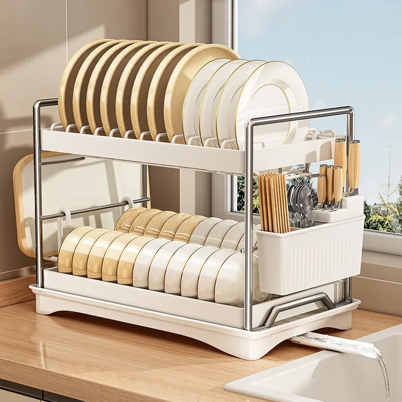 Multi-Function Dish Organiser KItchen Shelves Counter Top Draining Dish Rack Home Dishes Chopsticks Double-Layer Cutlery Storage
