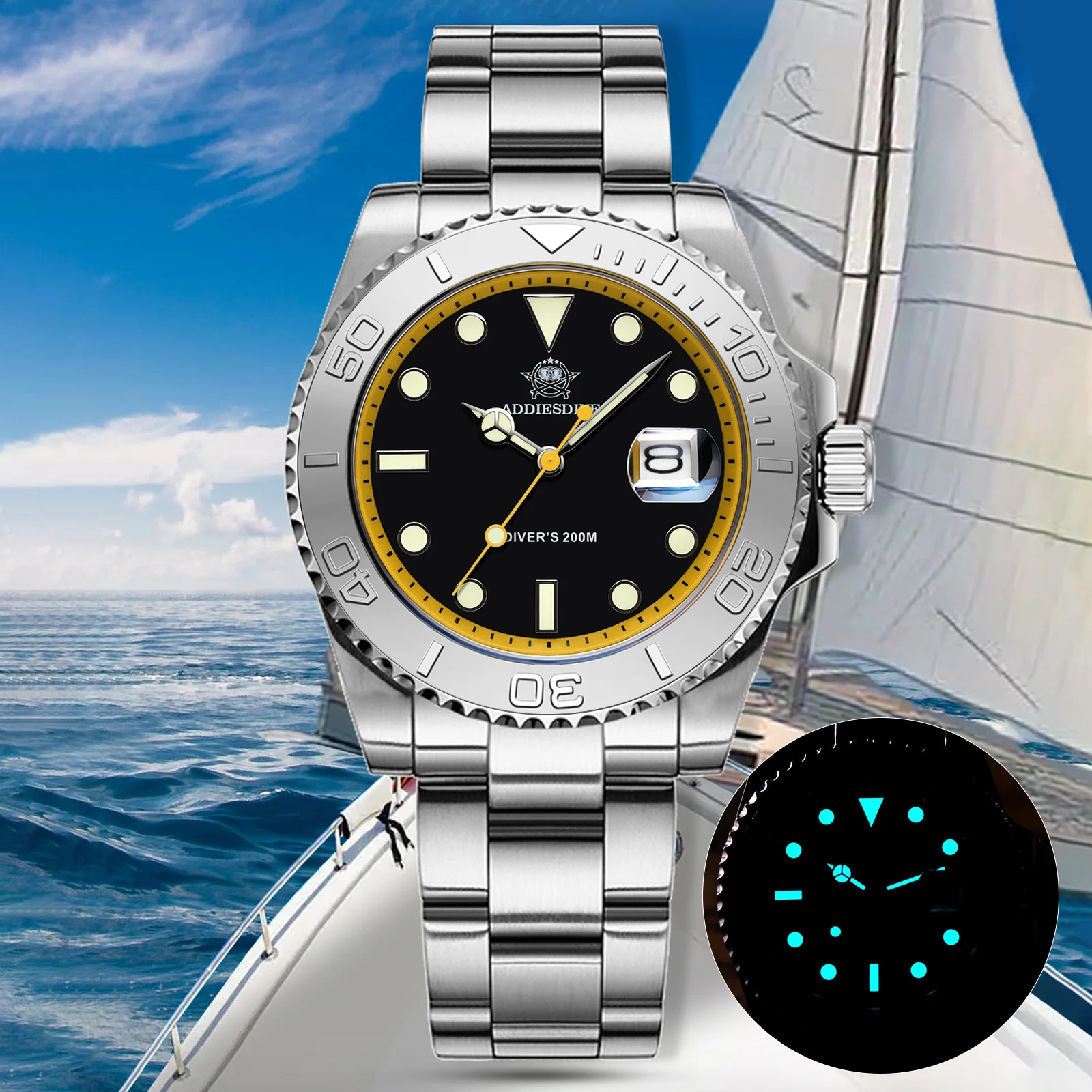 

ADDIESDIVE AD2040 Men Watch Luxury Diver Quartz Watches 200m Diving Watches Stainless Steel Calendar Display Luminous Wristwatch