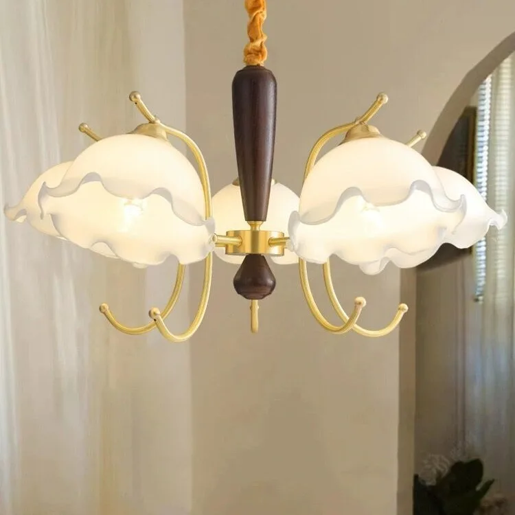 Francese, Crema, Tutto Rame, Noce, Fiori, Lampadario, Americano, Vintage