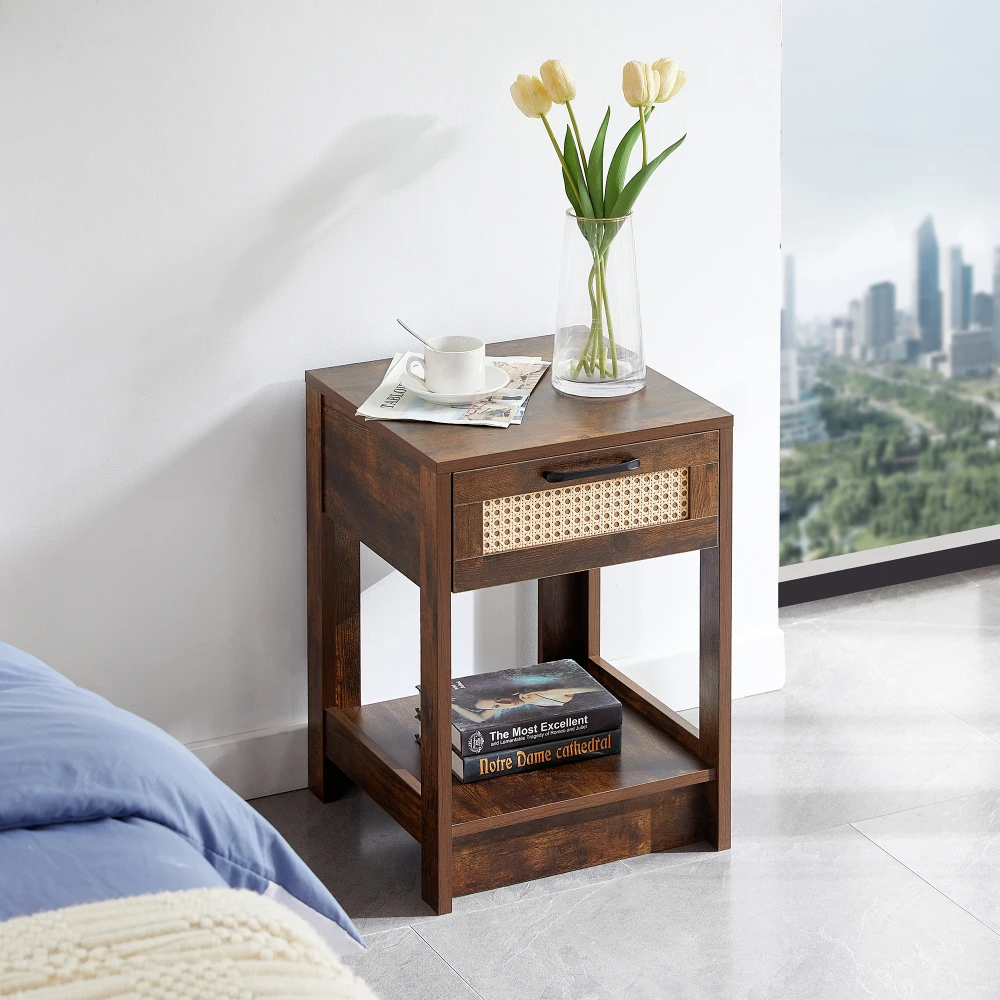 

15.75" Rattan End Table with Drawer, Modern Nightstand, Side Table for Living Room, Bedroom,Walnut / Natural / White