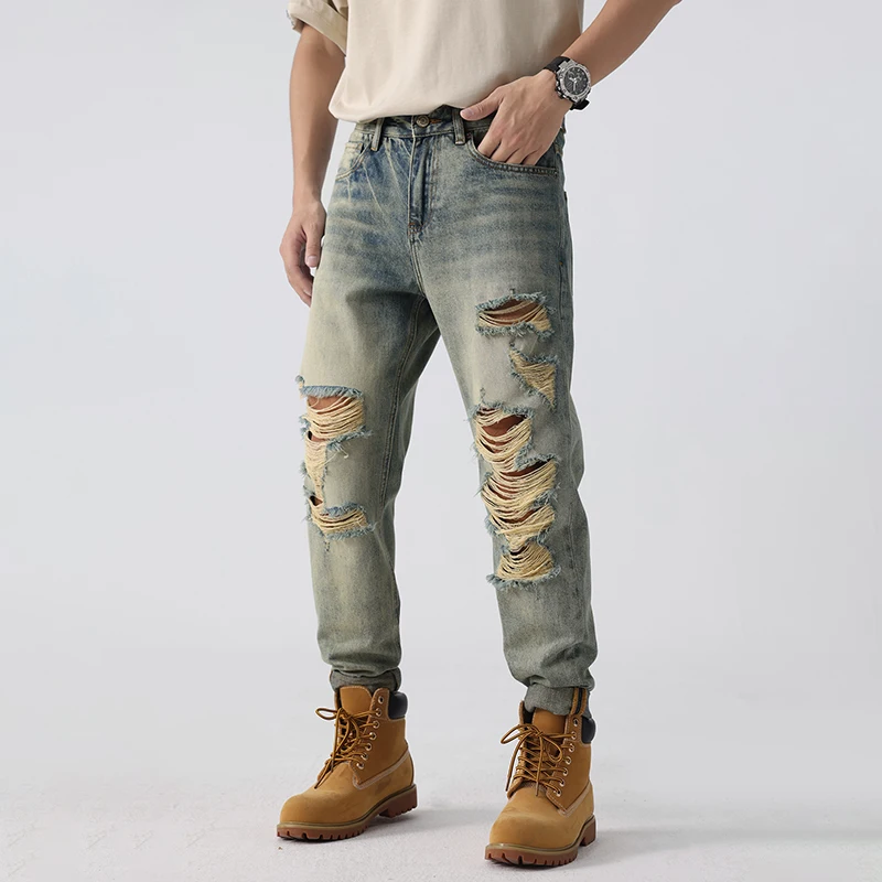 

2024 Summer new retro casual fashion men's jeans high street biker hole washed hip-hop loose straight pants male models