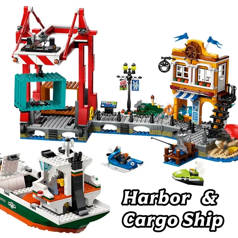 

Compatible MOC Sets City Series Building Blocks Seaside Harbor with Cargo Ship Children's Toys Assembling Gift