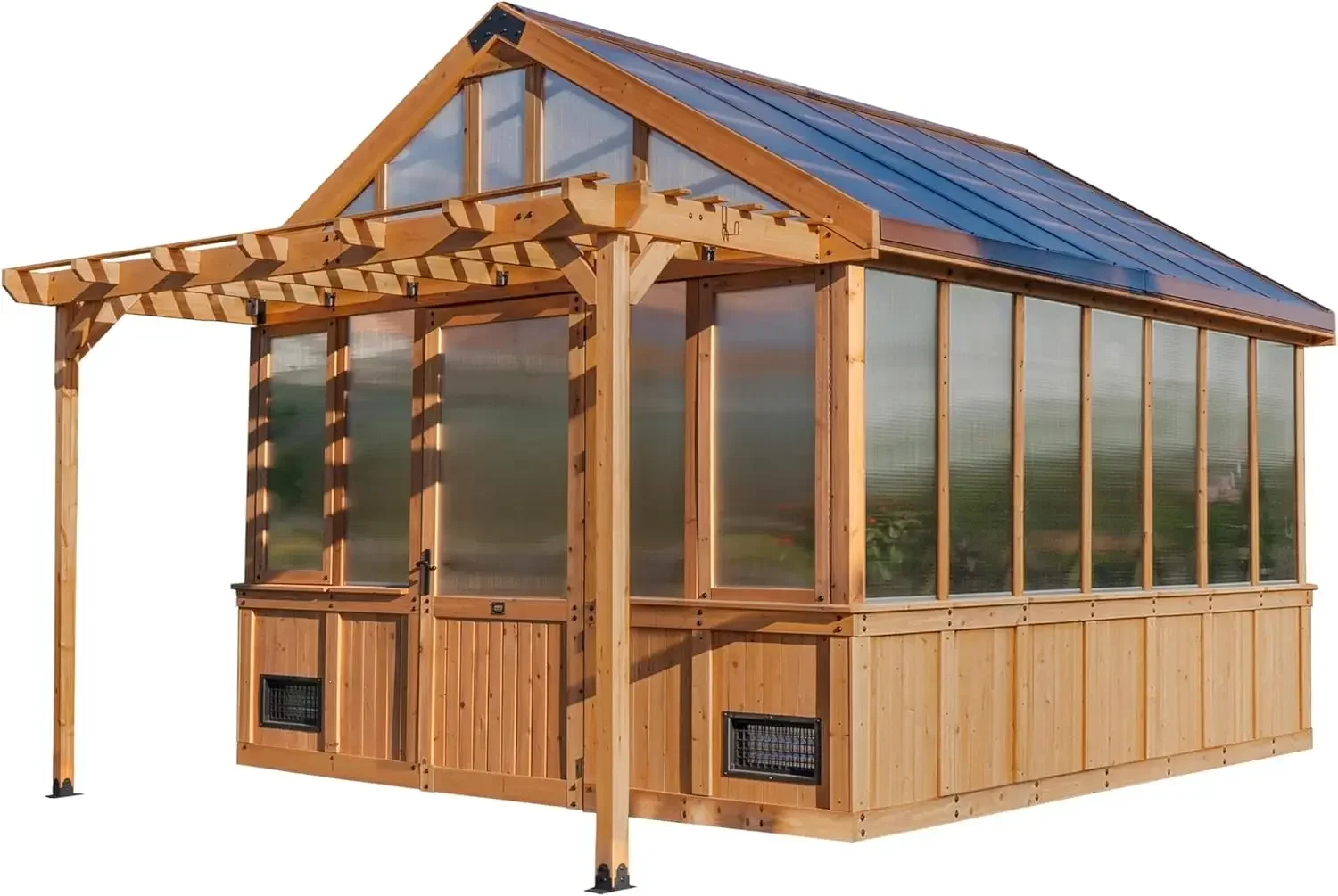 

XL 13' x 11' Cedar Wood and Polycarbonate Walk-in Greenhouse Kit with Pergola, Exhaust Fan, Windows, Hose Hook-Ups, Po