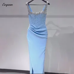 Luxury High Slit Evening Dresses Light Blue Mermaid Party Dress Crystal Strapless Vestidos De Fiesta Elegantes 2026 Customized