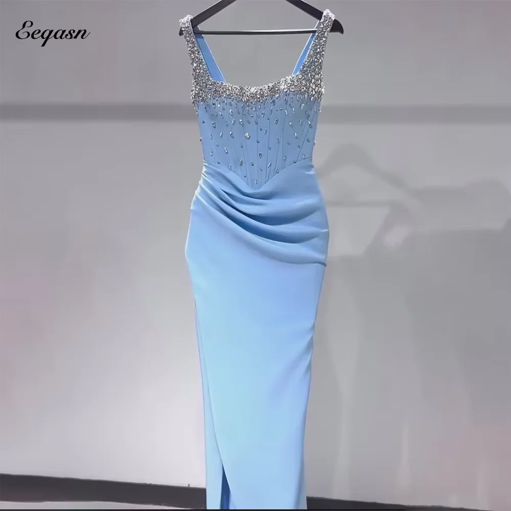 Luxury High Slit Evening Dresses Light Blue Mermaid Party Dress Crystal Strapless Vestidos De Fiesta Elegantes 2025 Customized