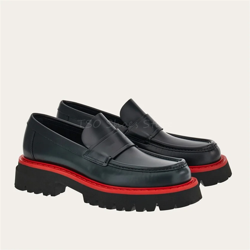 Dikke Zool Loafers Vierkante Neus Heren Schoenen Echt Lederen Retro Britse Stijl Gentleman Schoenen Mode Vrijetijdsschoenen Slijtvast