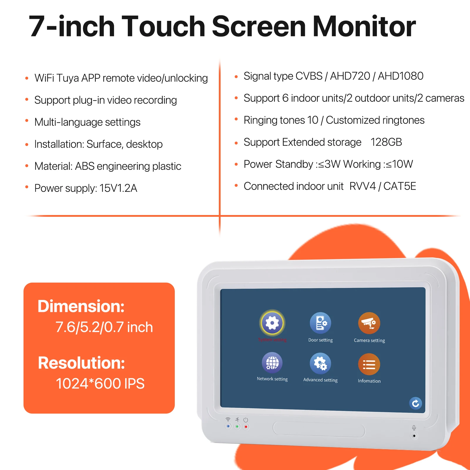 Sistema de intercomunicación de vídeo WiFi, cámara de timbre de aleación de aluminio 1080P con Monitor táctil, tarjeta TF de 32G, grabación de