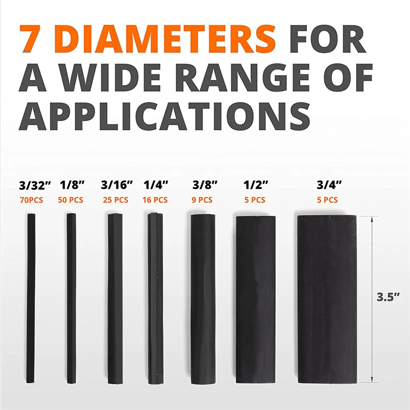 Adesivo forrado Heat Shrink Tubing Kit, Marine Grade Shrink Wrap, envoltório industrial preto, proporção 3:1, 180 pcs