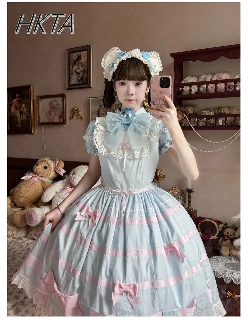 귀여운 달콤한 로리타 걸스 셔츠 2025 여름 뉴 버블 반팔 셔츠 인형 칼라 싱글 브레스트 캔디 컬러 블라우스 탑