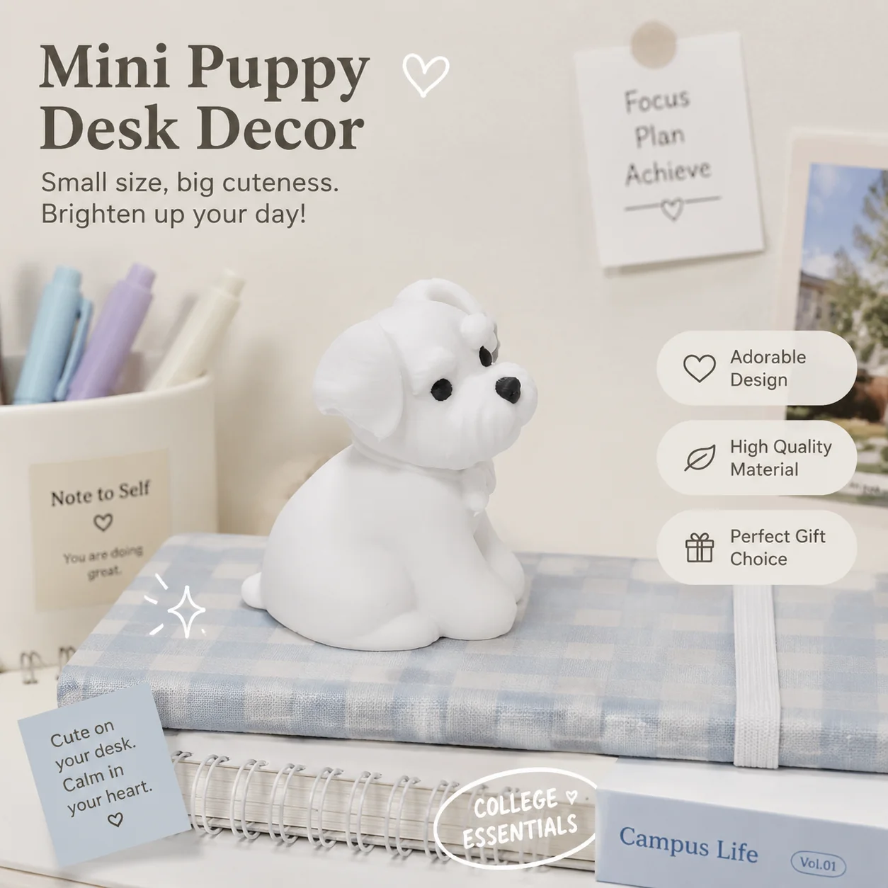 Figura Miniatura de Schnauzer con Lazo, Adorable Estatuilla de Cachorro Blanco Pequeño, Decoración para Escritorio, Dormitorio, Oficina, Estantería