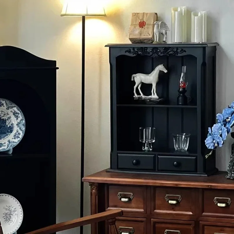

Retro display cabinet French engraved black living room desktop household small toy display cabinet