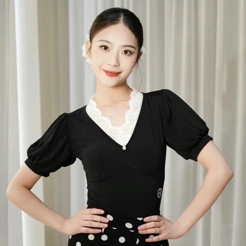 

Вальс, одежда для латинских танцев, кружевные топы с v-образным вырезом и короткими рукавами, черные топы для взрослых, одежда для бальных танцев, танцевальная одежда для выступлений, DNV23328